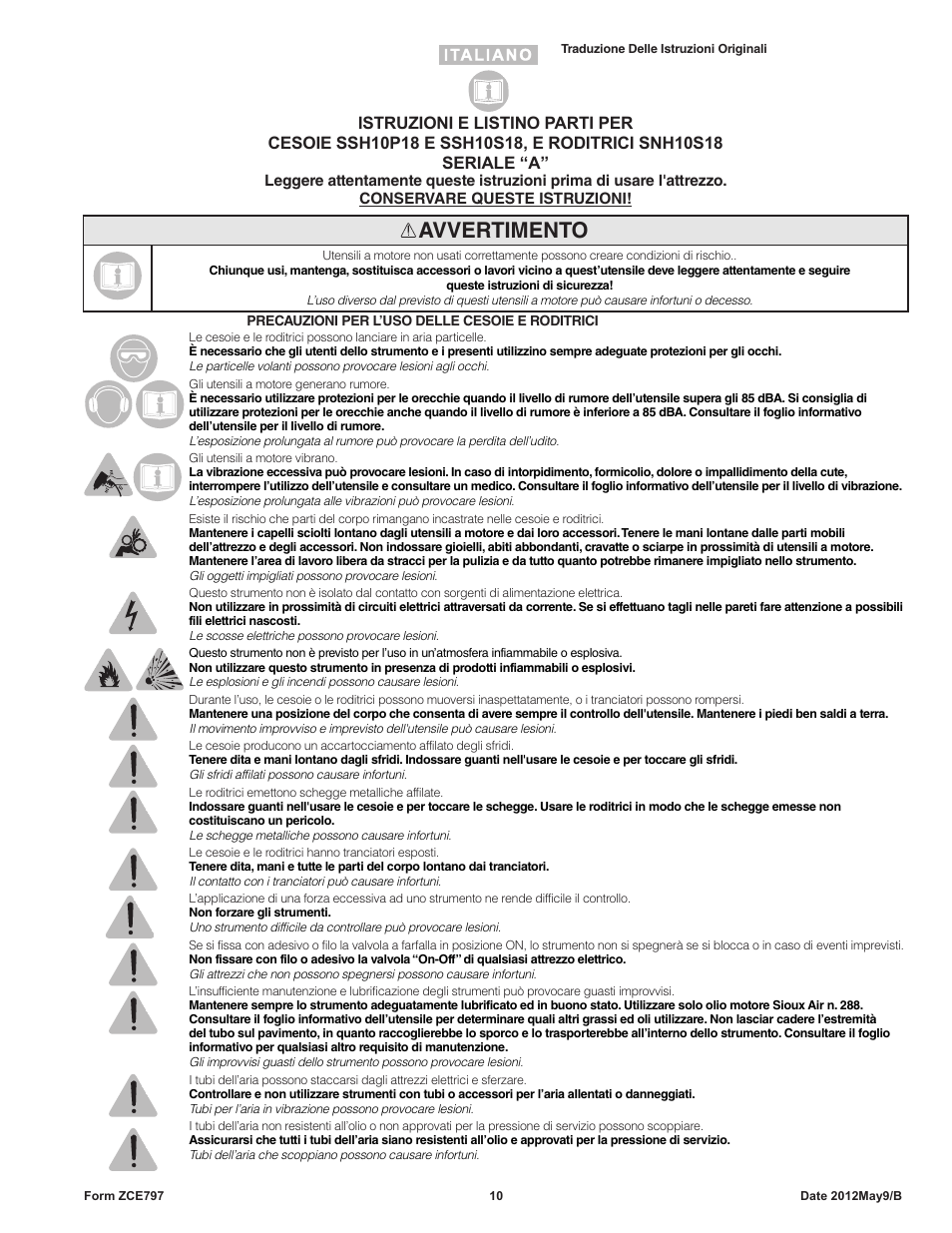 Avvertimento | Sioux Tools SNH10S18 NIBBLER User Manual | Page 10 / 27