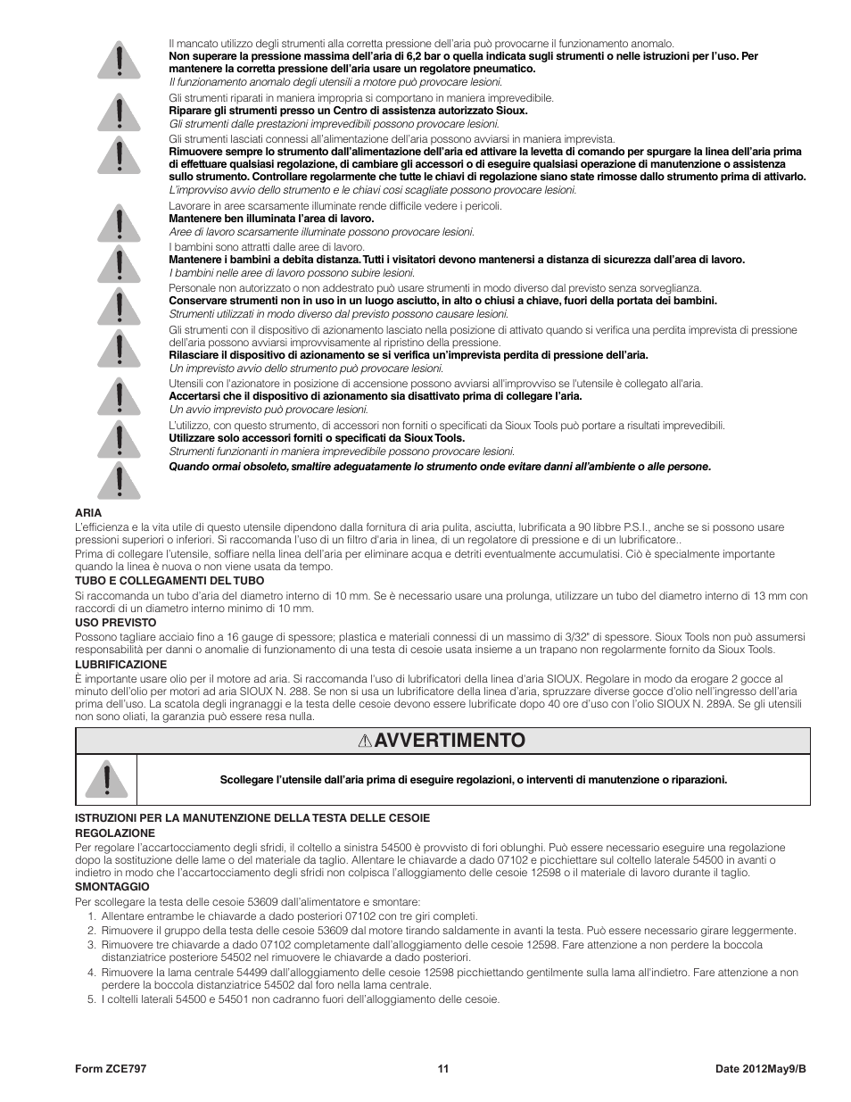 Avvertimento | Sioux Tools SNH10S18 NIBBLER User Manual | Page 11 / 27