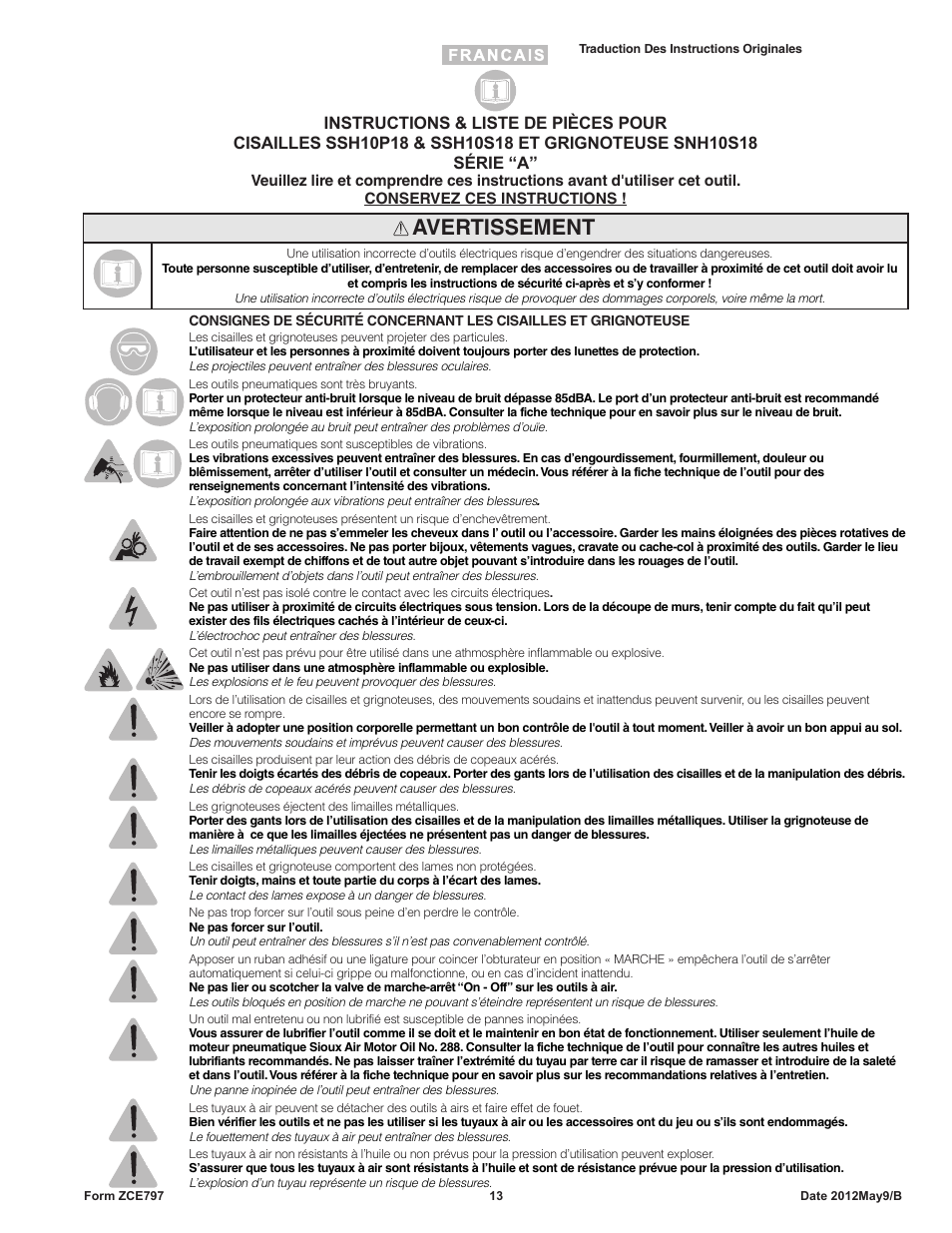 Avertissement | Sioux Tools SNH10S18 NIBBLER User Manual | Page 13 / 27