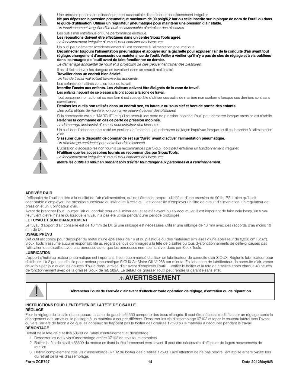 Avertissement | Sioux Tools SNH10S18 NIBBLER User Manual | Page 14 / 27