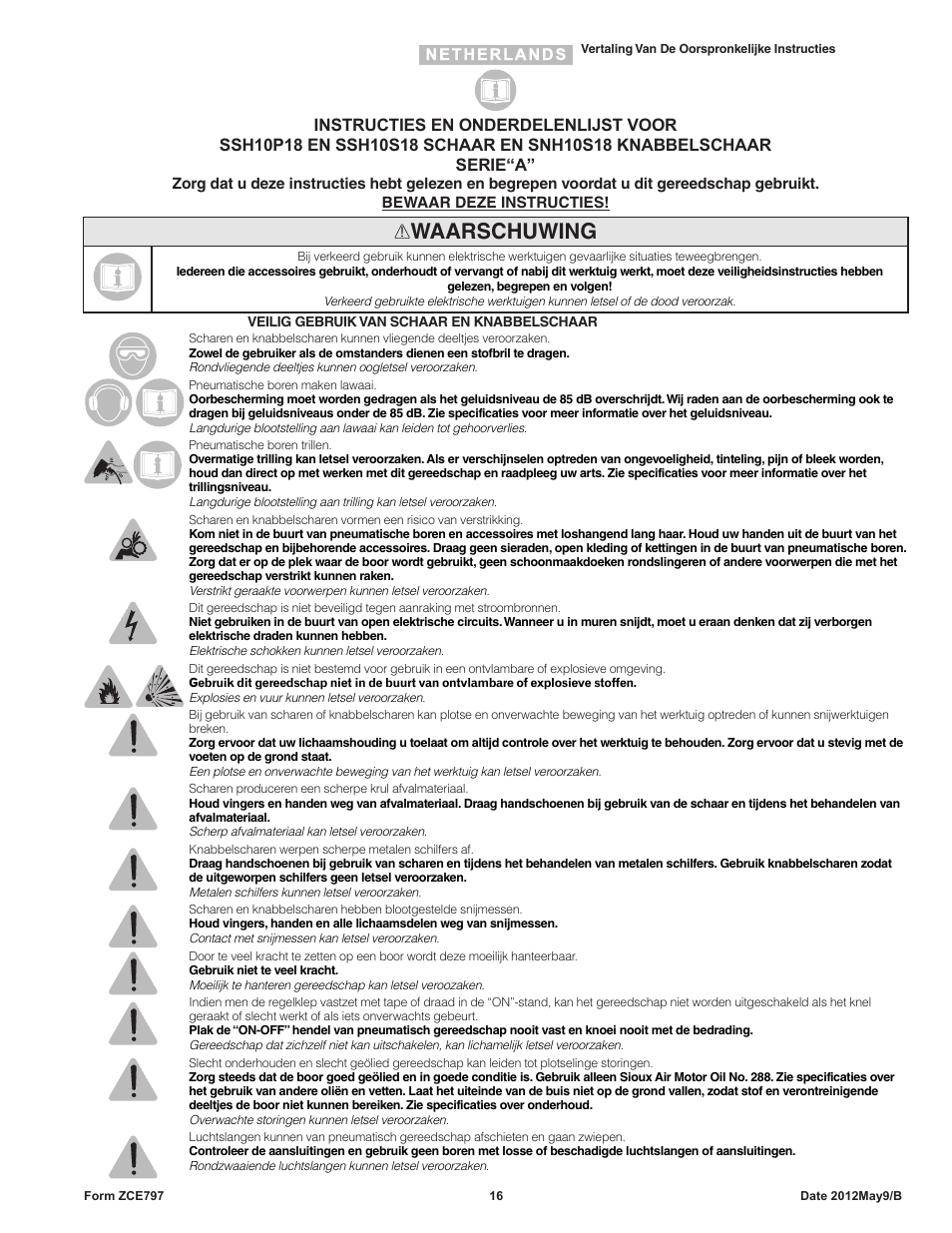 Waarschuwing | Sioux Tools SNH10S18 NIBBLER User Manual | Page 16 / 27
