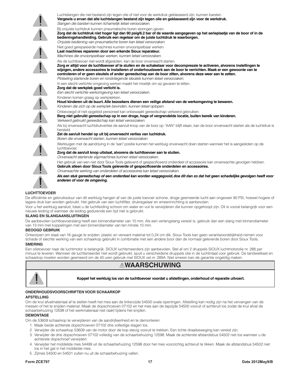 Waarschuwing | Sioux Tools SNH10S18 NIBBLER User Manual | Page 17 / 27