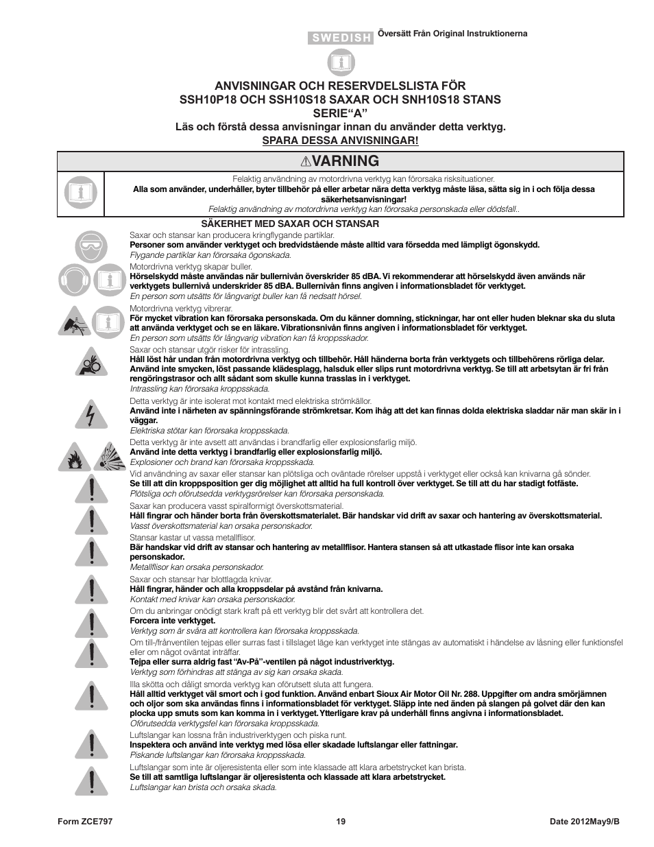 Varning | Sioux Tools SNH10S18 NIBBLER User Manual | Page 19 / 27