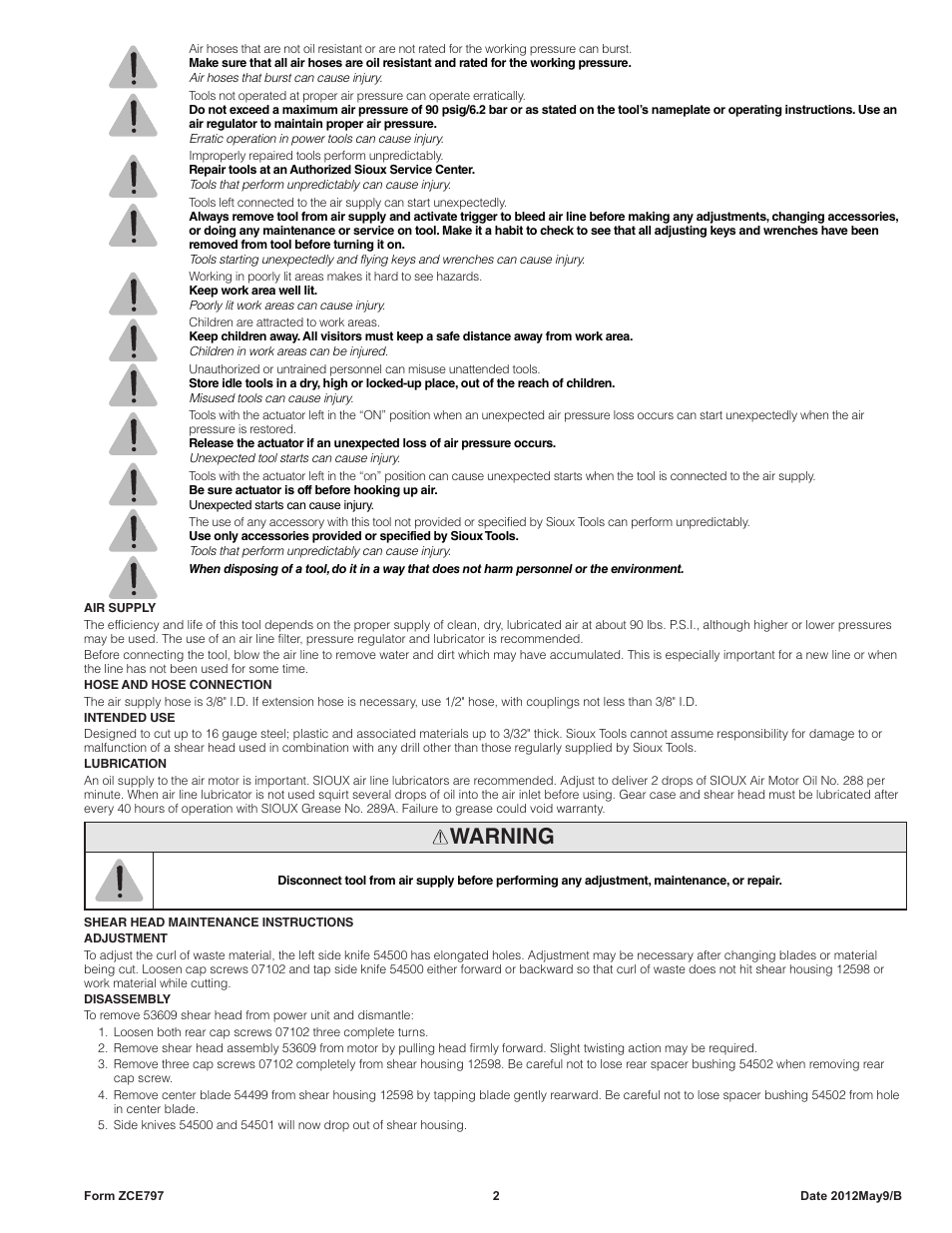 Warning | Sioux Tools SNH10S18 NIBBLER User Manual | Page 2 / 27