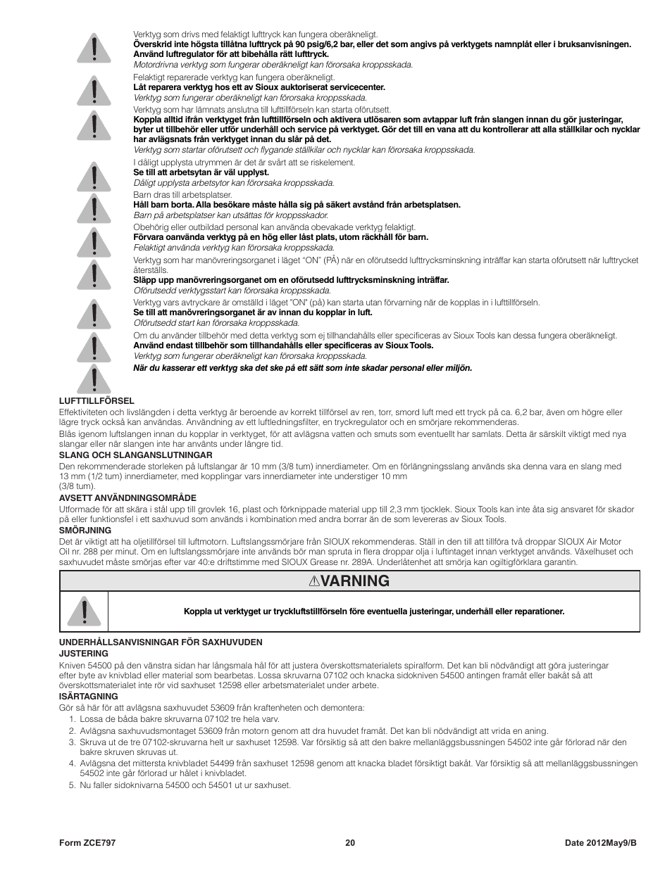 Varning | Sioux Tools SNH10S18 NIBBLER User Manual | Page 20 / 27