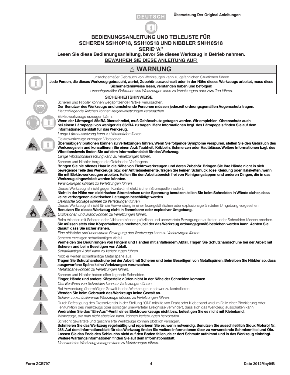 Warnung | Sioux Tools SNH10S18 NIBBLER User Manual | Page 4 / 27