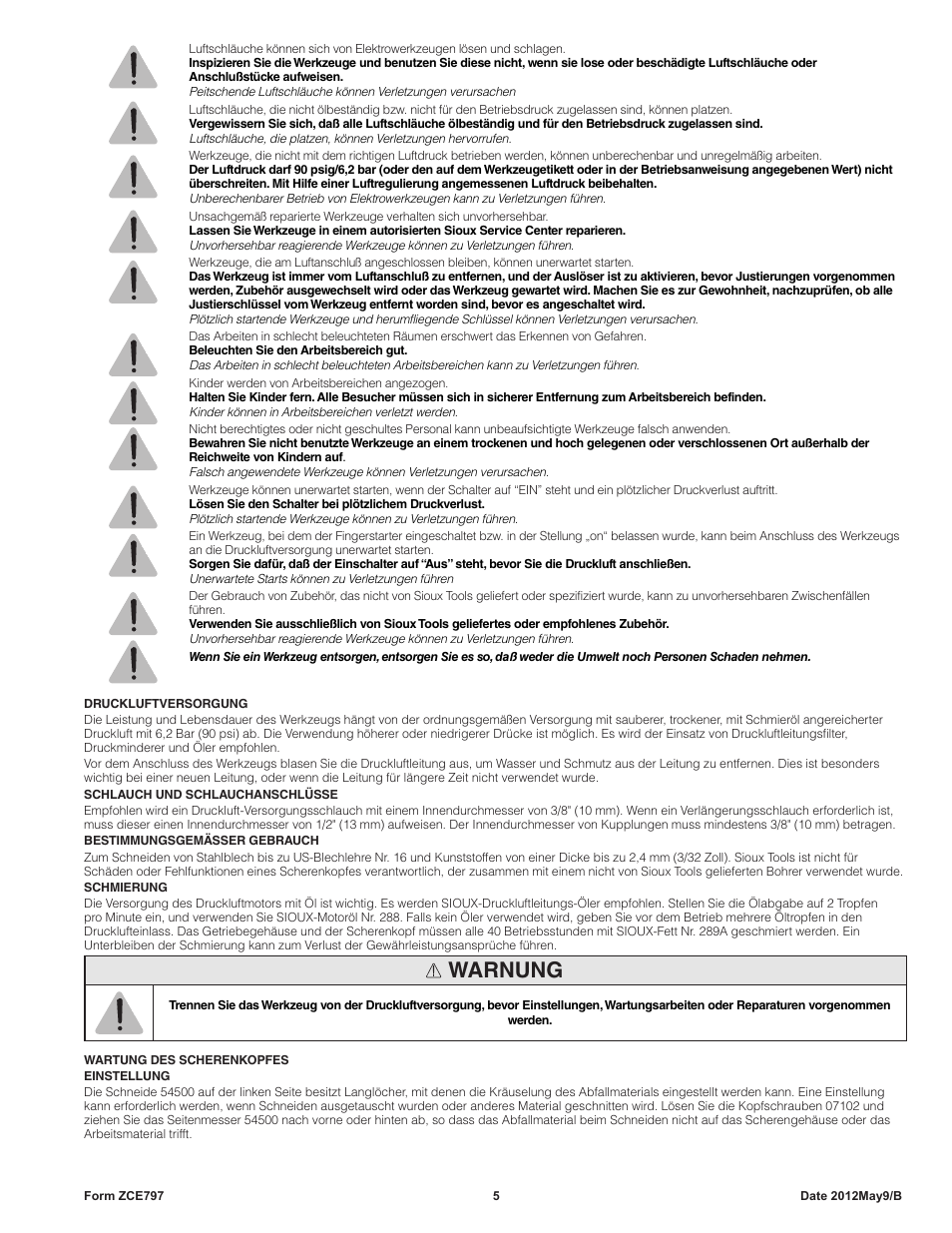 Warnung | Sioux Tools SNH10S18 NIBBLER User Manual | Page 5 / 27