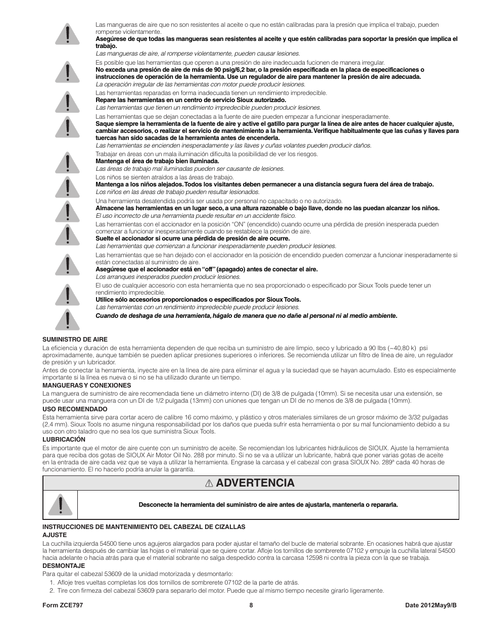 Advertencia | Sioux Tools SNH10S18 NIBBLER User Manual | Page 8 / 27