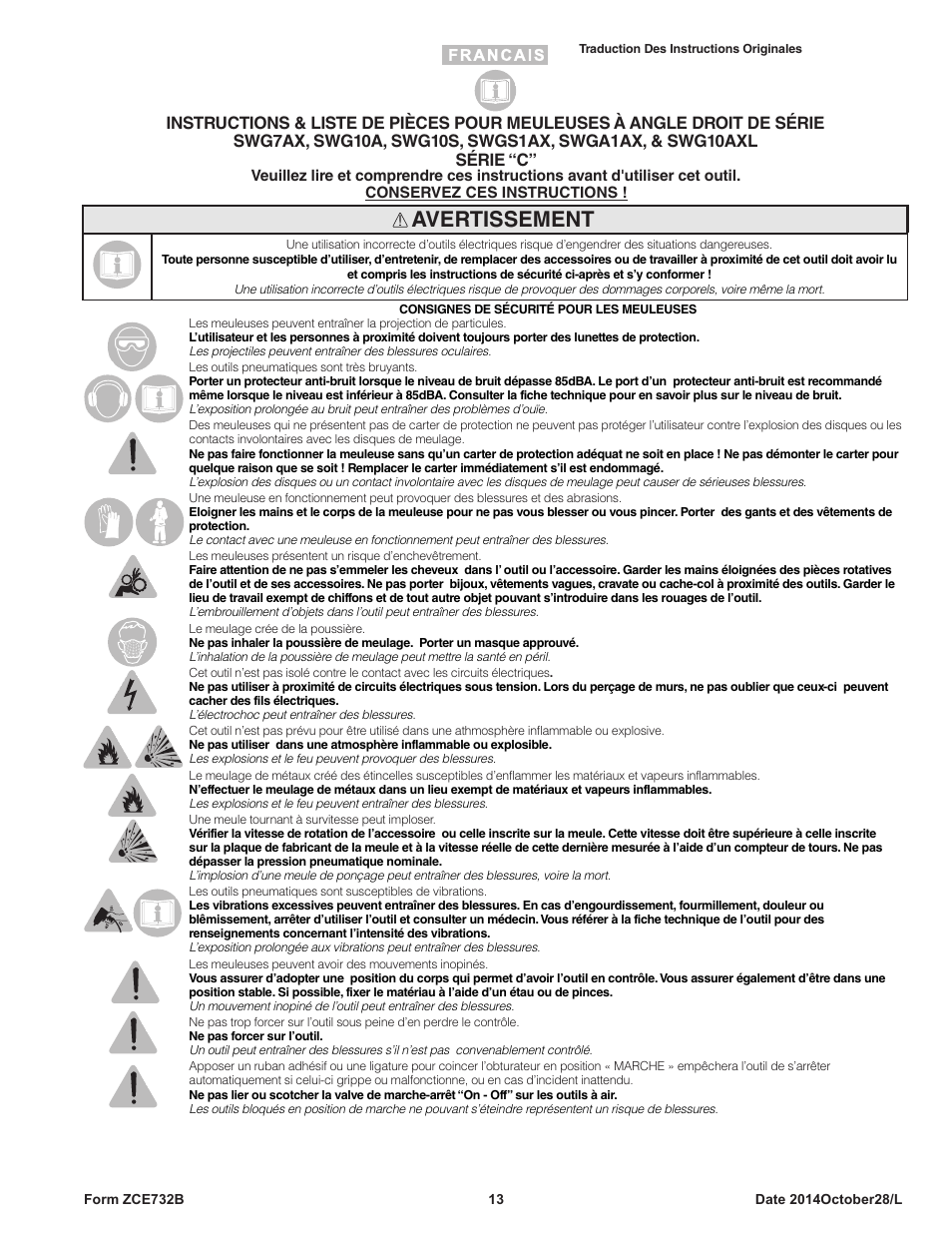 Avertissement | Sioux Tools SWG10AXL User Manual | Page 13 / 34