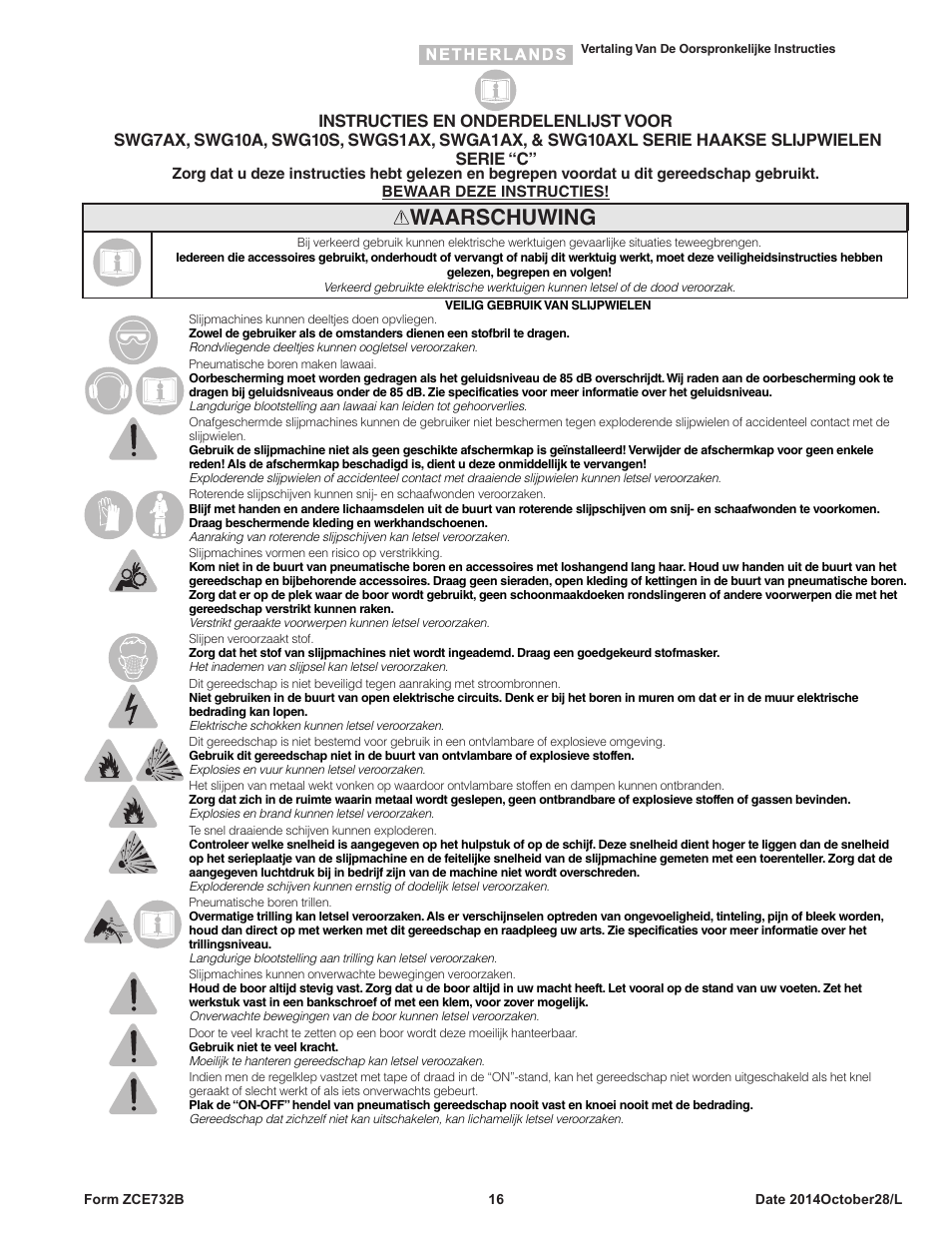 Waarschuwing | Sioux Tools SWG10AXL User Manual | Page 16 / 34