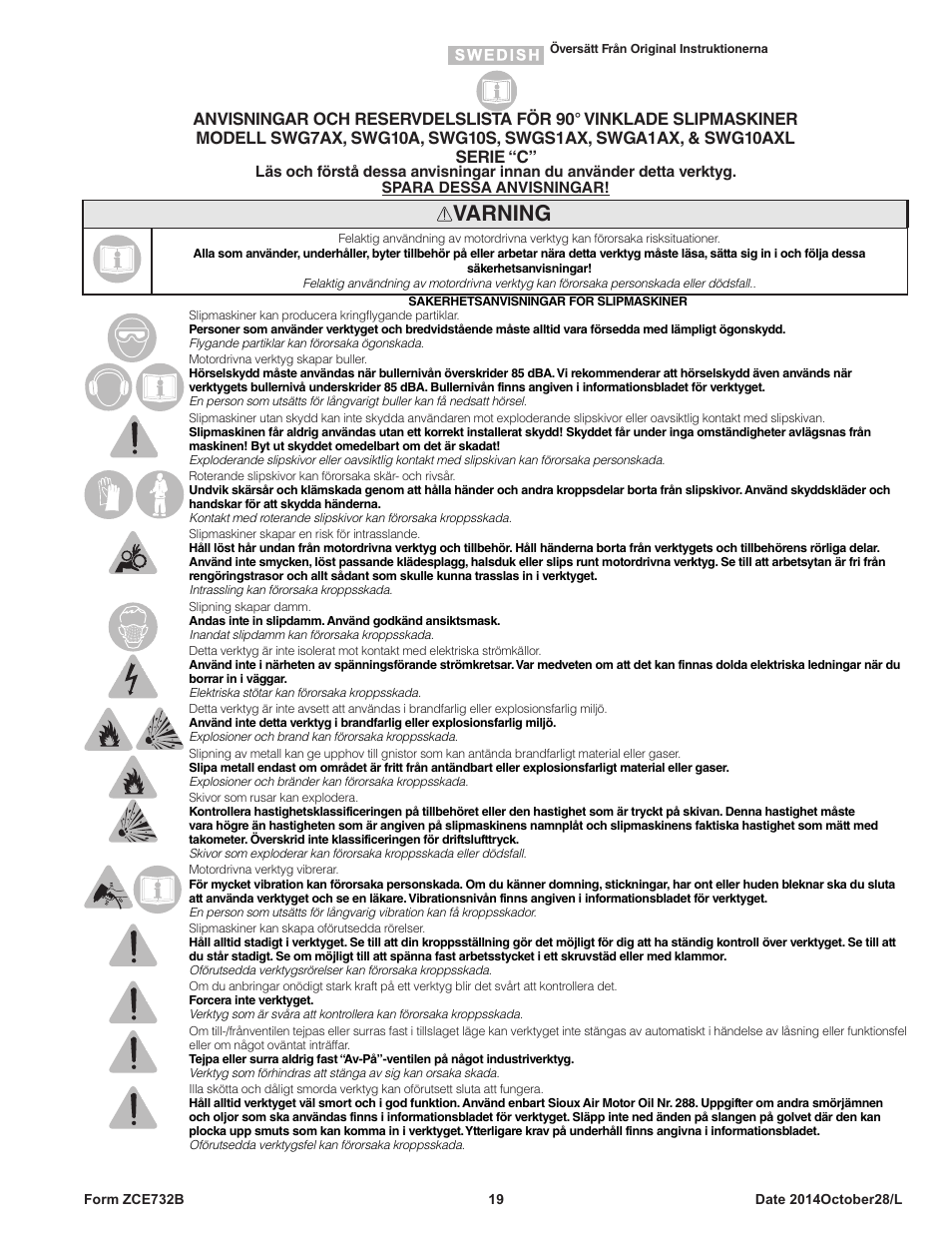 Varning | Sioux Tools SWG10AXL User Manual | Page 19 / 34