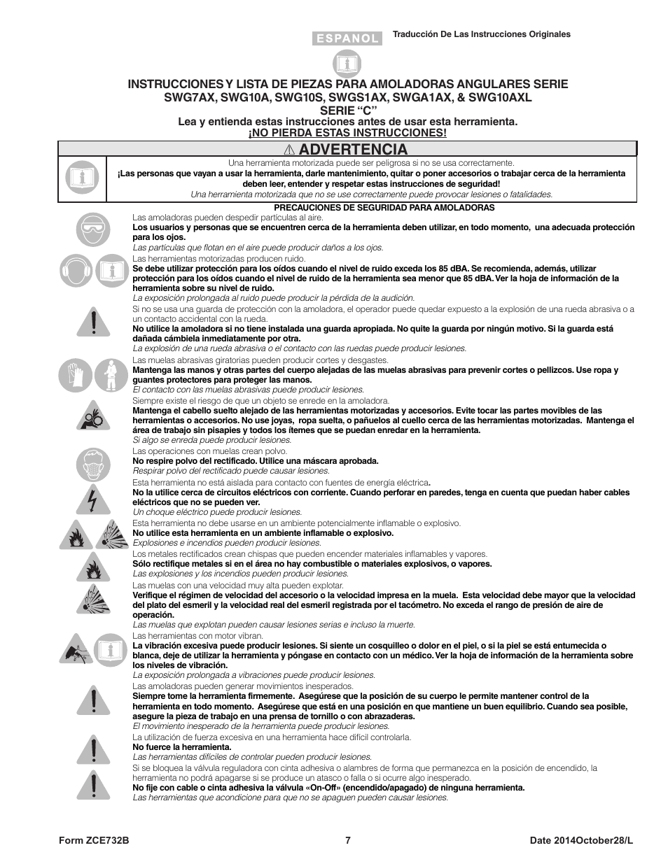 Advertencia | Sioux Tools SWG10AXL User Manual | Page 7 / 34