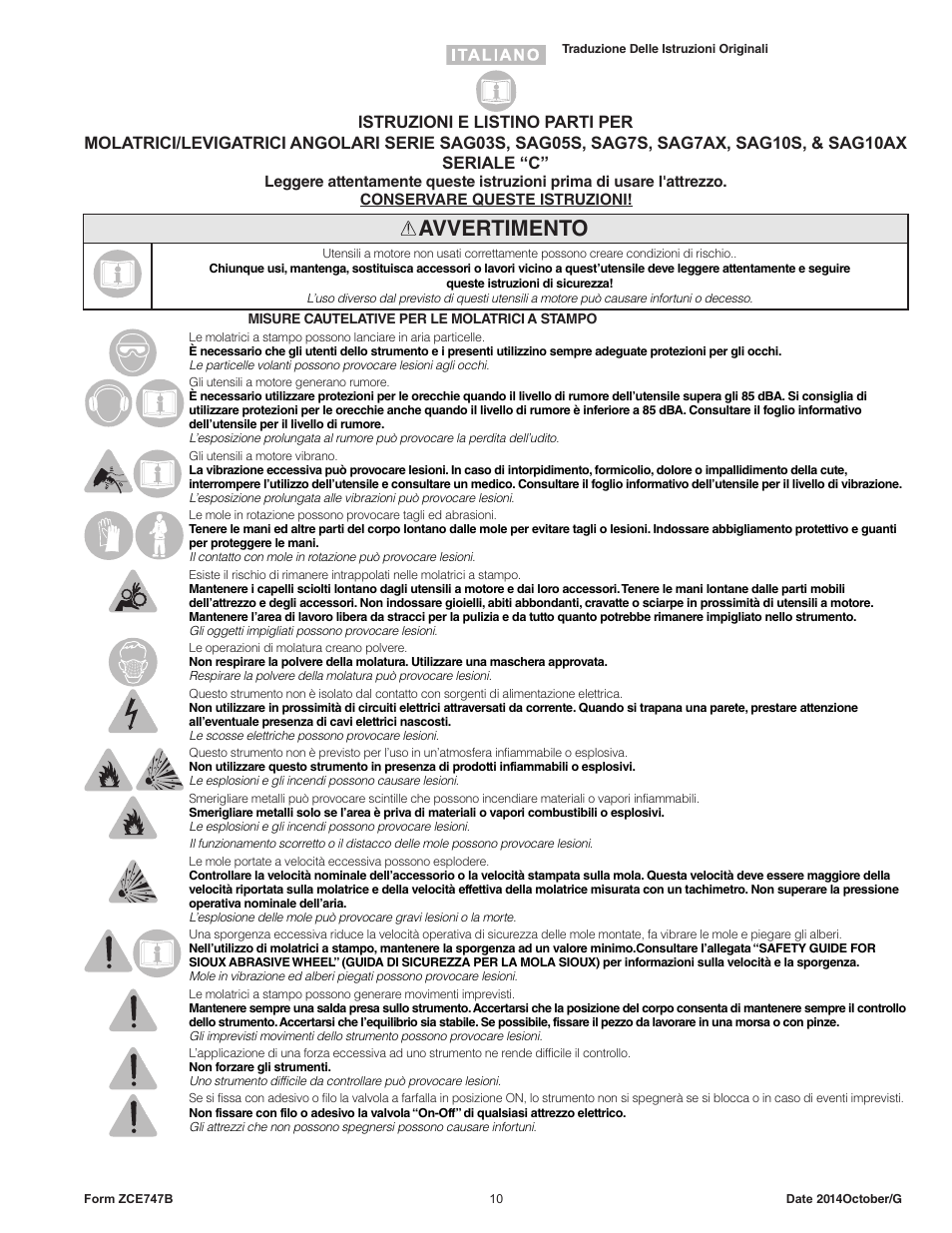 Avvertimento | Sioux Tools SAG10AX User Manual | Page 10 / 34