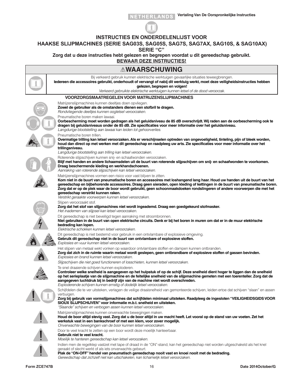 Waarschuwing | Sioux Tools SAG10AX User Manual | Page 16 / 34