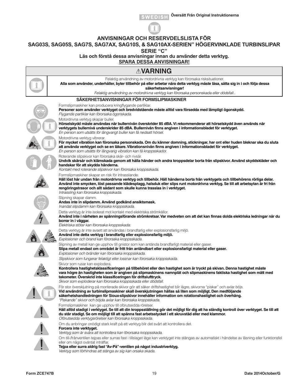 Varning | Sioux Tools SAG10AX User Manual | Page 19 / 34