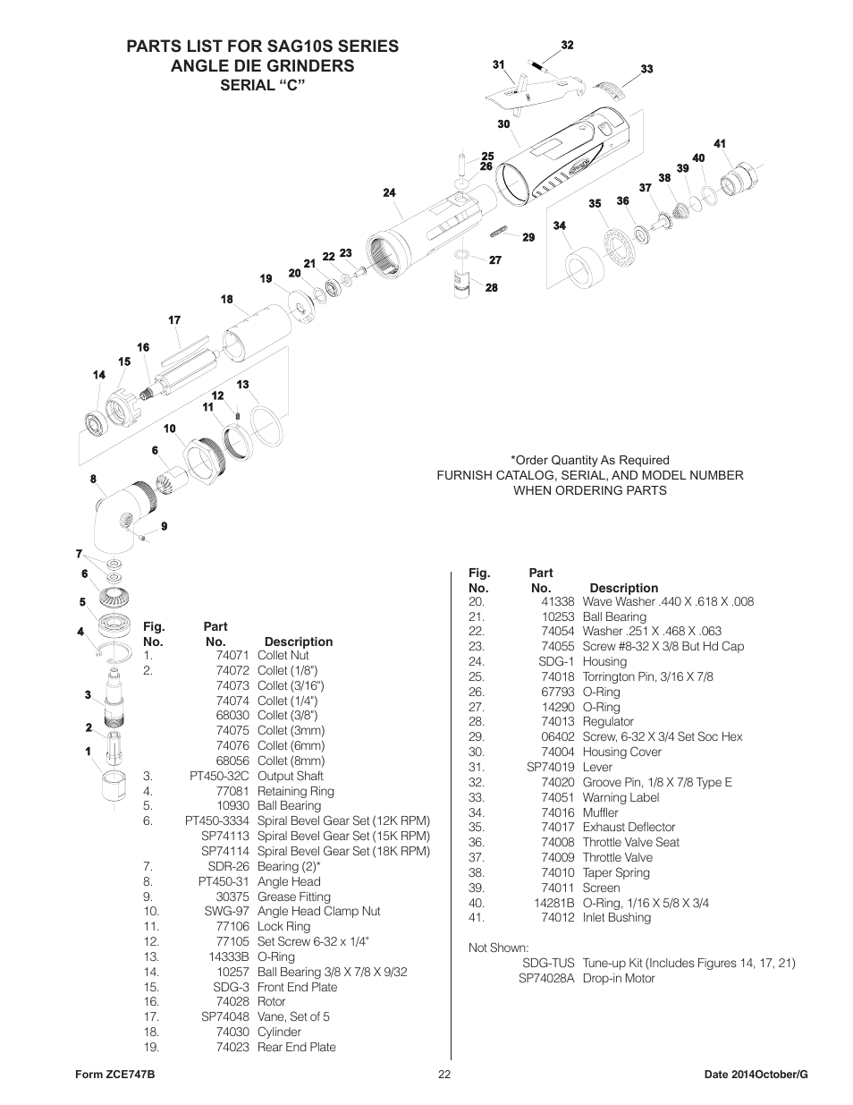Parts list for sag10s series angle die grinders | Sioux Tools SAG10AX User Manual | Page 22 / 34