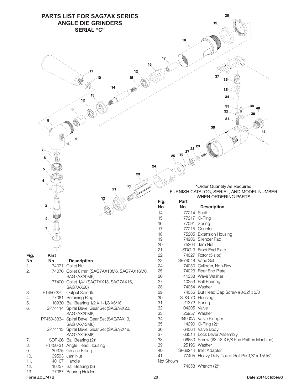 Parts list for sag7ax series angle die grinders, Serial “c | Sioux Tools SAG10AX User Manual | Page 28 / 34