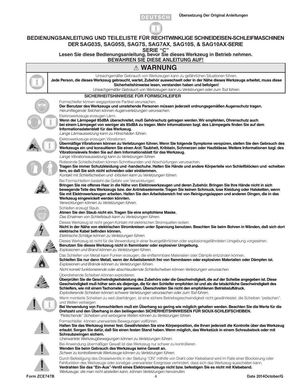 Warnung | Sioux Tools SAG10AX User Manual | Page 4 / 34