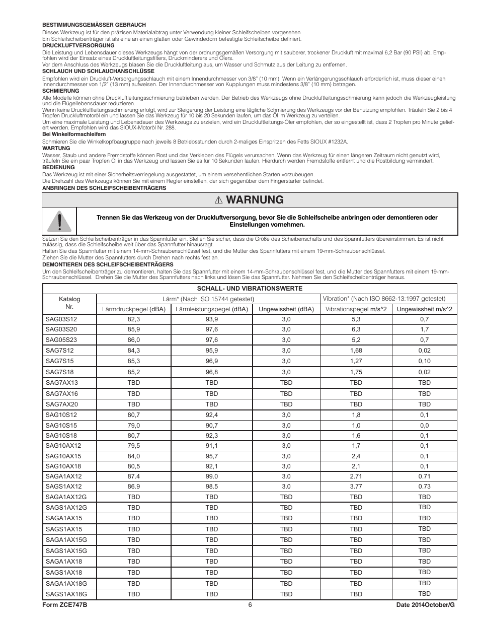 Warnung | Sioux Tools SAG10AX User Manual | Page 6 / 34