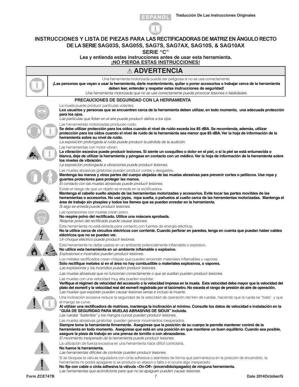 Advertencia | Sioux Tools SAG10AX User Manual | Page 7 / 34