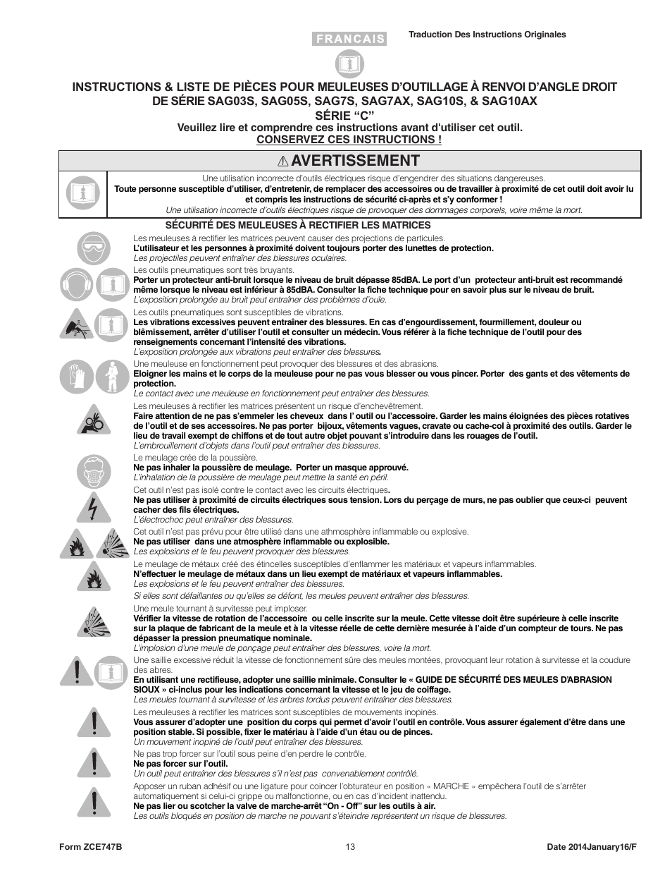 Avertissement | Sioux Tools SAG10AX User Manual | Page 13 / 33