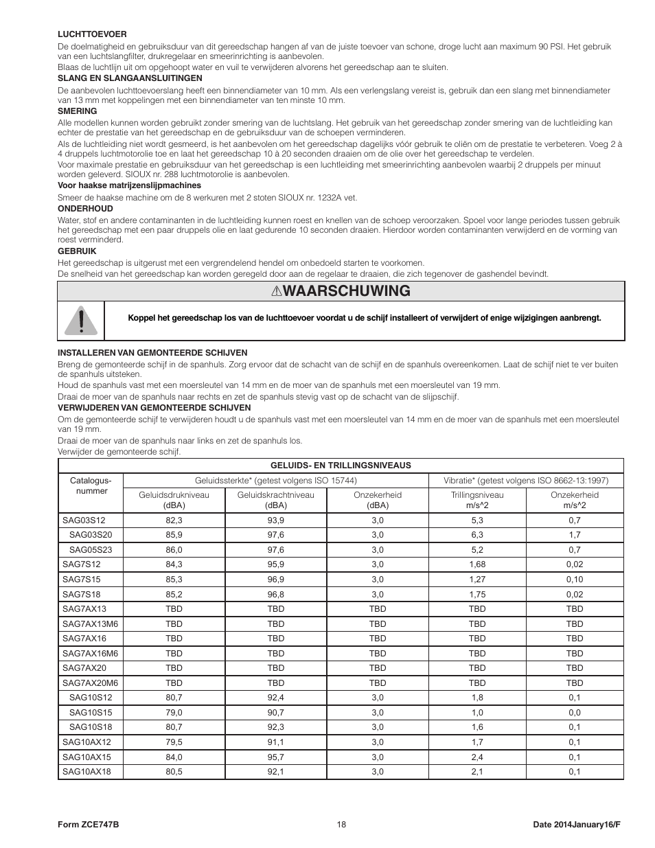 Waarschuwing | Sioux Tools SAG10AX User Manual | Page 18 / 33
