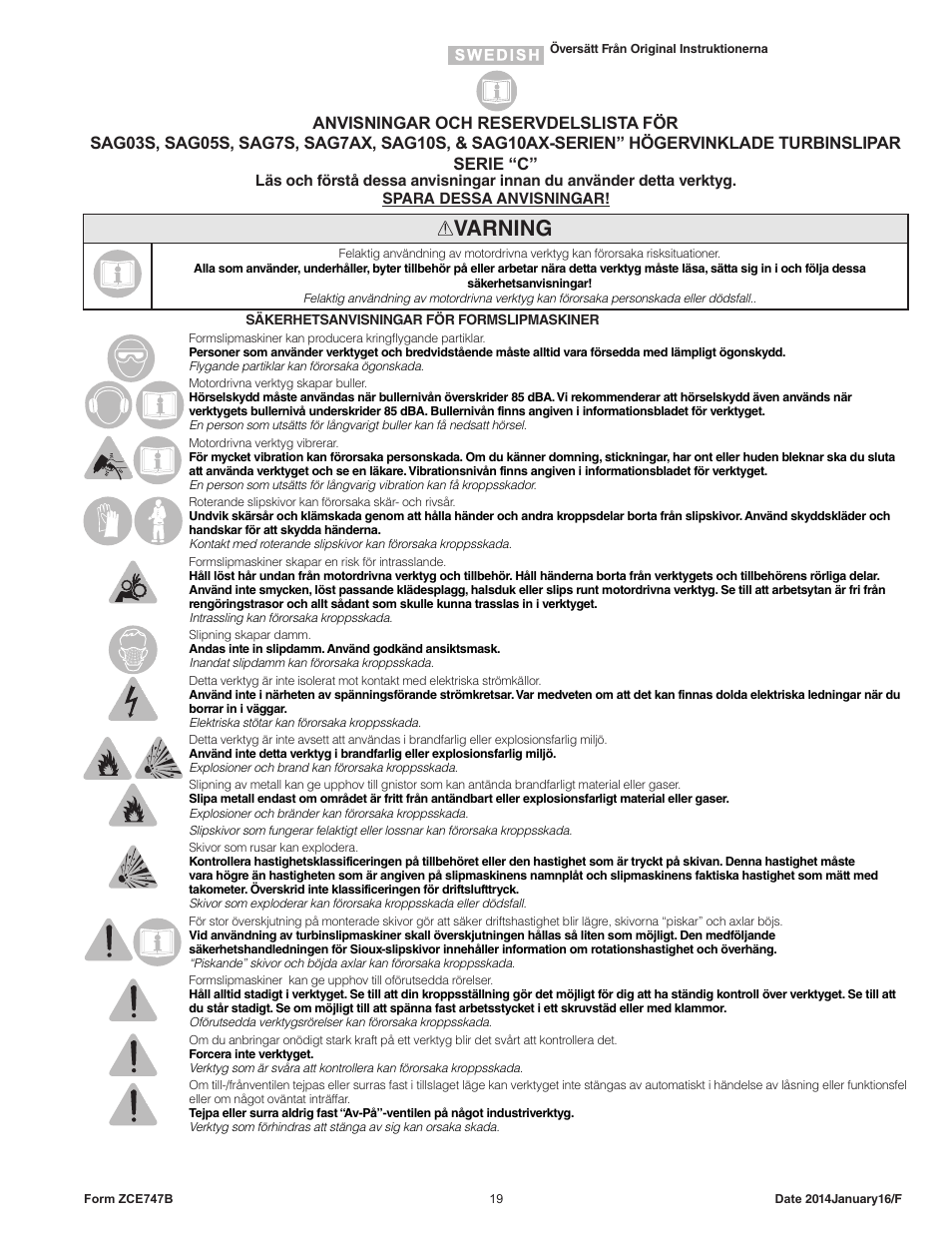 Varning | Sioux Tools SAG10AX User Manual | Page 19 / 33