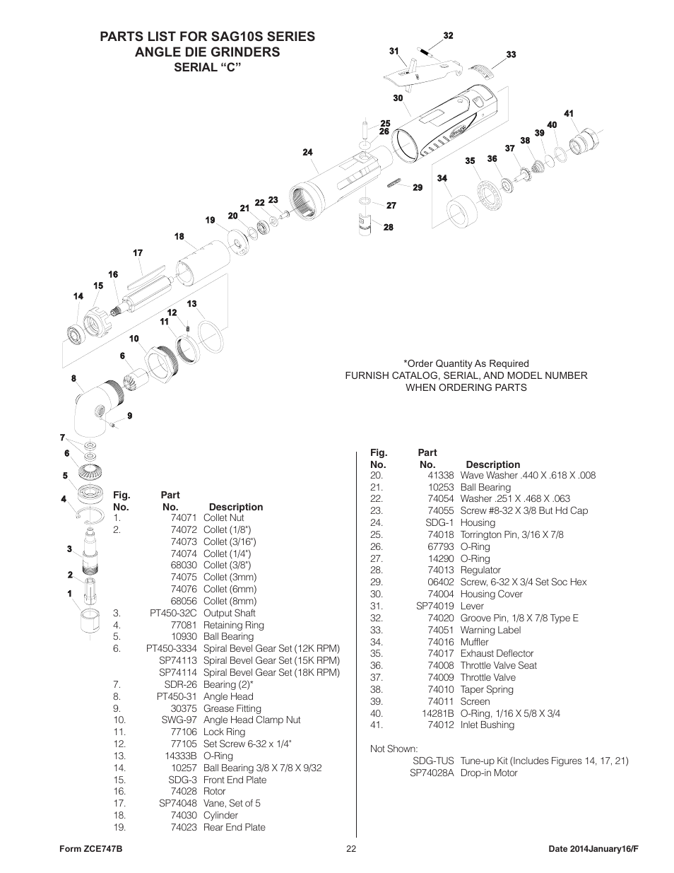 Parts list for sag10s series angle die grinders | Sioux Tools SAG10AX User Manual | Page 22 / 33