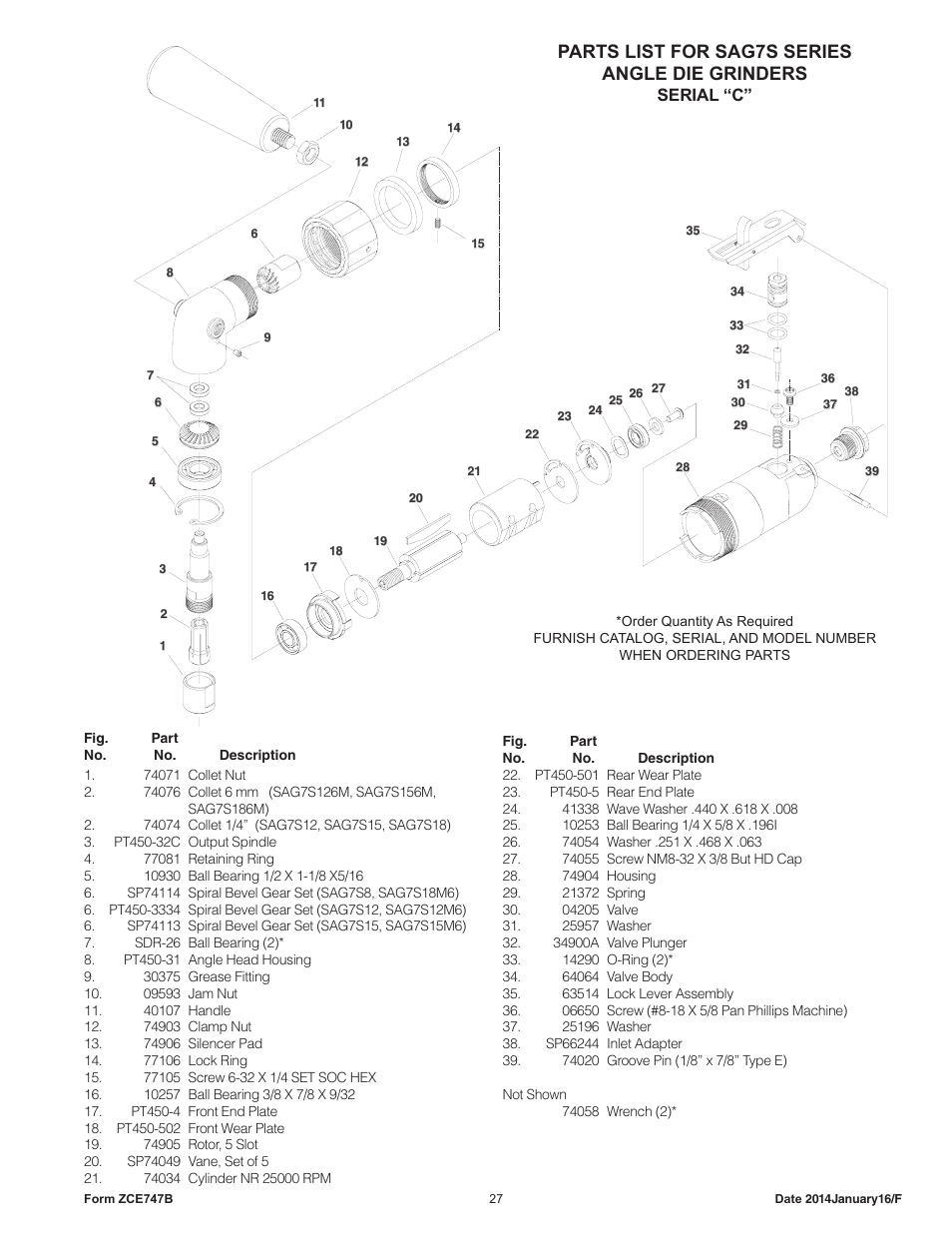 Parts list for sag7s series angle die grinders, Serial “c | Sioux Tools SAG10AX User Manual | Page 27 / 33