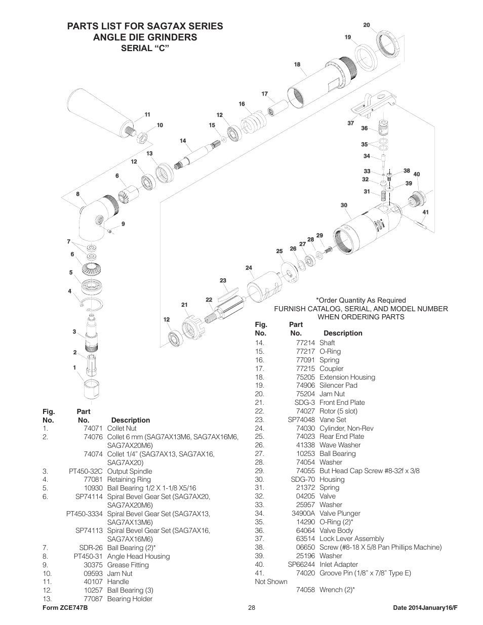 Parts list for sag7ax series angle die grinders, Serial “c | Sioux Tools SAG10AX User Manual | Page 28 / 33