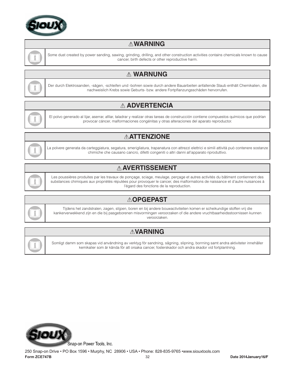 Warning, Warnung, Advertencia | Attenzione, Avertissement, Opgepast, Varning | Sioux Tools SAG10AX User Manual | Page 32 / 33