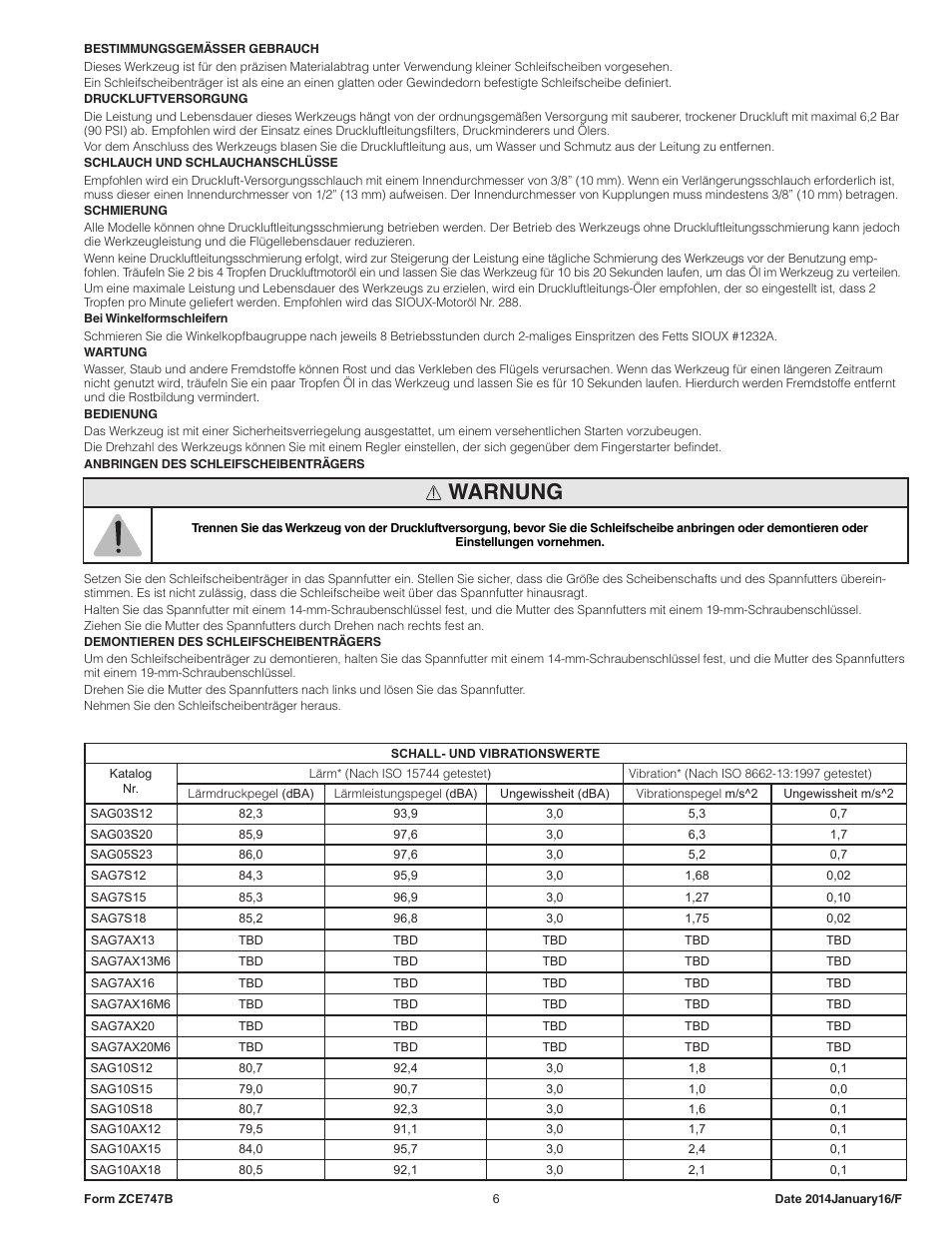 Warnung | Sioux Tools SAG10AX User Manual | Page 6 / 33