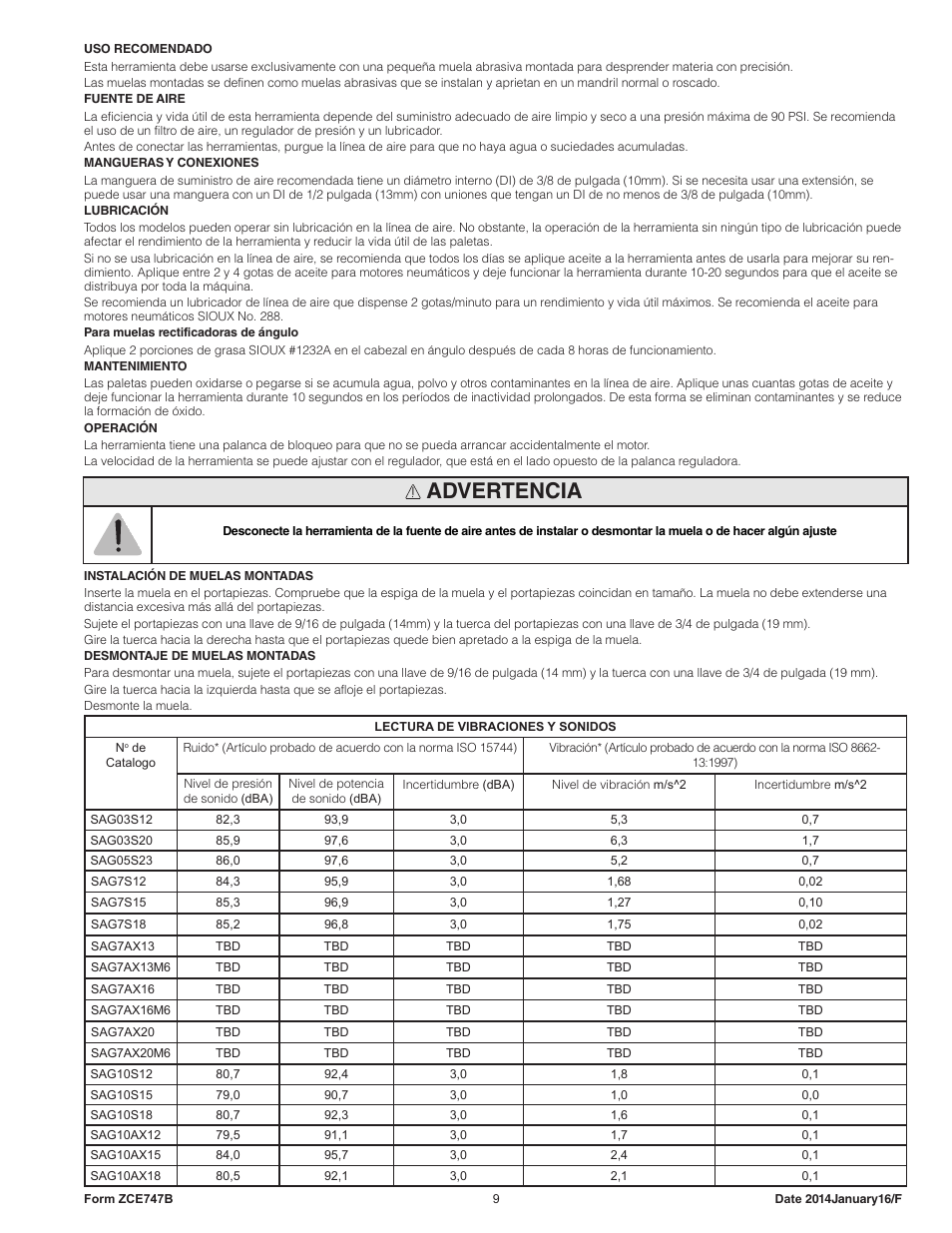 Advertencia | Sioux Tools SAG10AX User Manual | Page 9 / 33