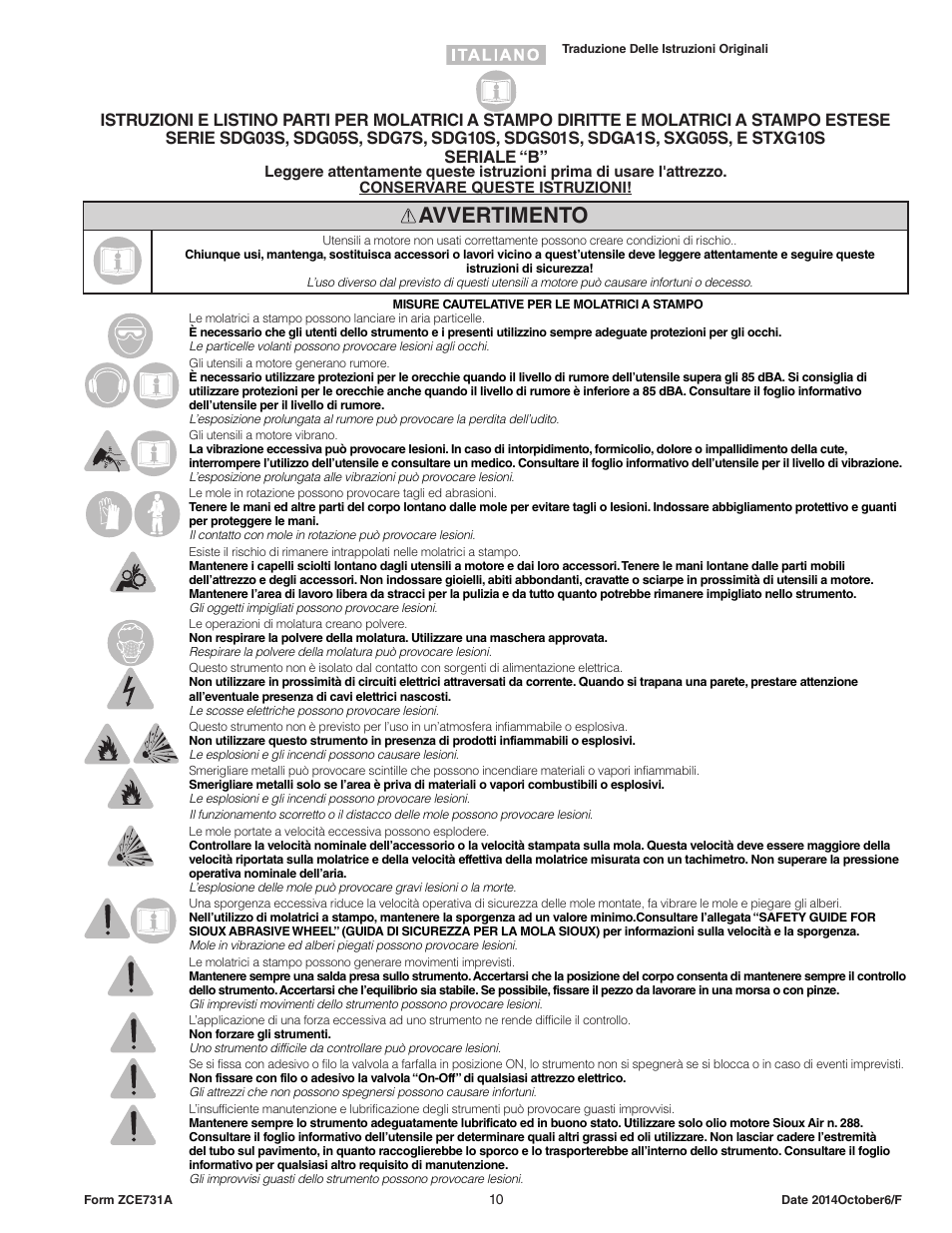 Avvertimento | Sioux Tools STXG10S User Manual | Page 10 / 36