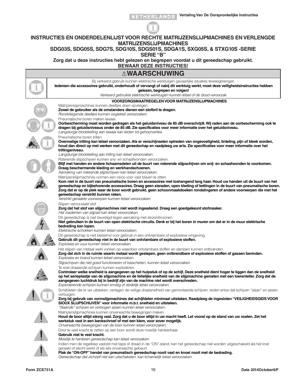 Waarschuwing | Sioux Tools STXG10S User Manual | Page 16 / 36