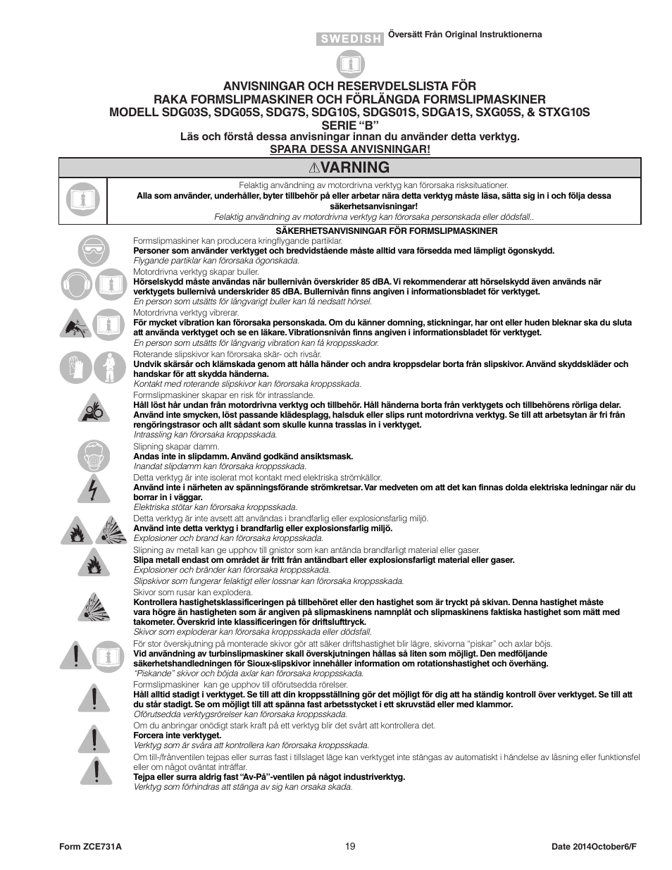 Varning | Sioux Tools STXG10S User Manual | Page 19 / 36