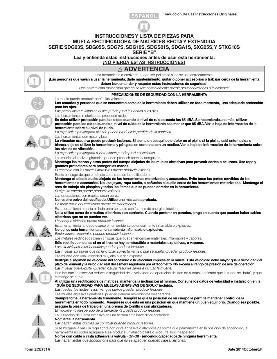 Advertencia | Sioux Tools STXG10S User Manual | Page 7 / 36