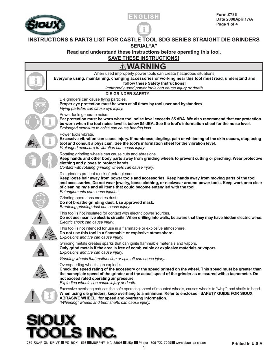 Sioux Tools CASTLE TOOL SDG SERIES STRAIGHT DIE GRINDERS User Manual | 4 pages