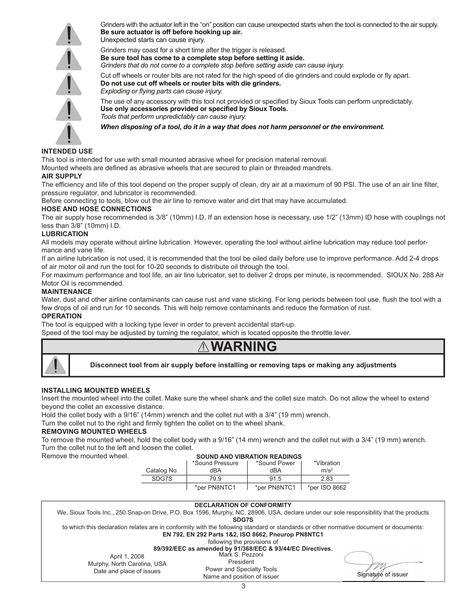 Warning | Sioux Tools CASTLE TOOL SDG SERIES STRAIGHT DIE GRINDERS User Manual | Page 3 / 4