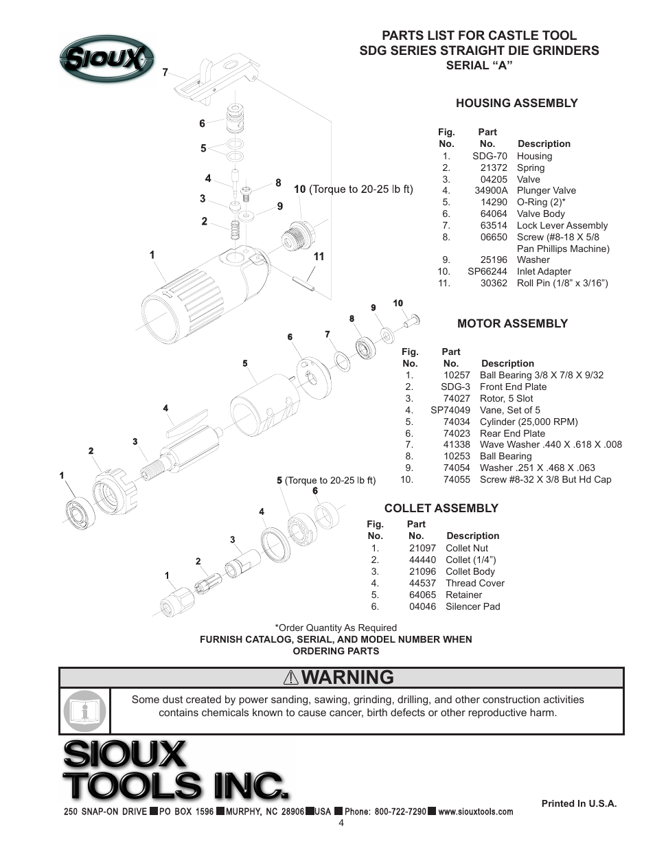 Warning | Sioux Tools CASTLE TOOL SDG SERIES STRAIGHT DIE GRINDERS User Manual | Page 4 / 4