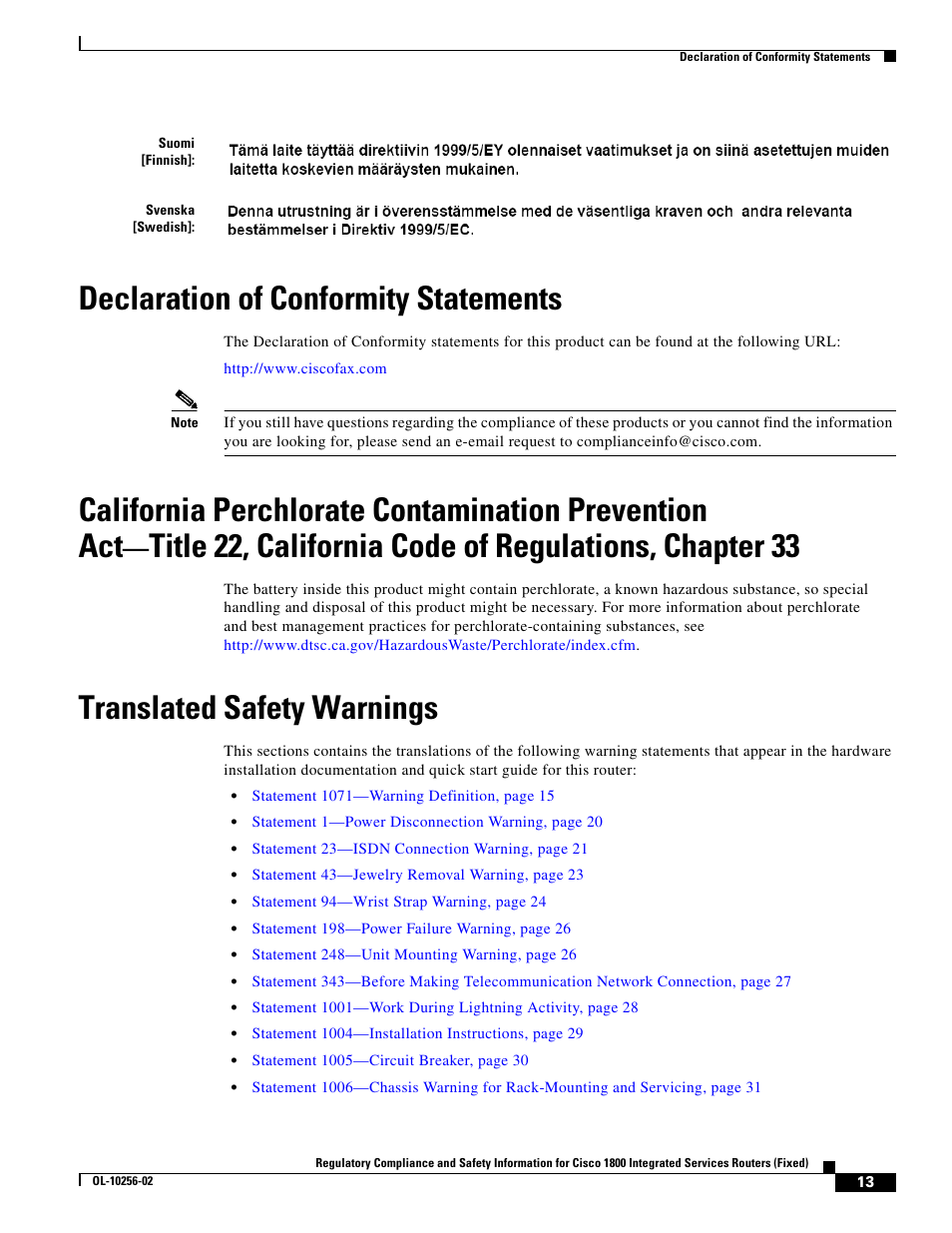 Declaration of conformity statements, Translated safety warnings, In th | Cisco 1800 User Manual | Page 13 / 74