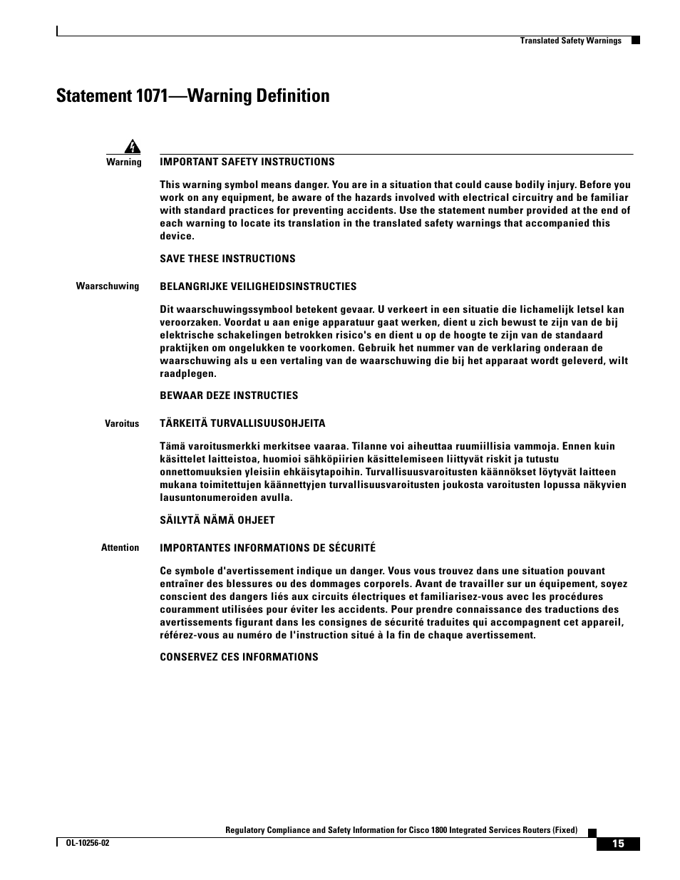 Statement 1071-warning definition, Statement 1071—warning definition | Cisco 1800 User Manual | Page 15 / 74