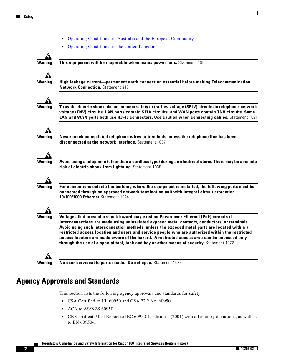 Agency approvals and standards | Cisco 1800 User Manual | Page 2 / 74