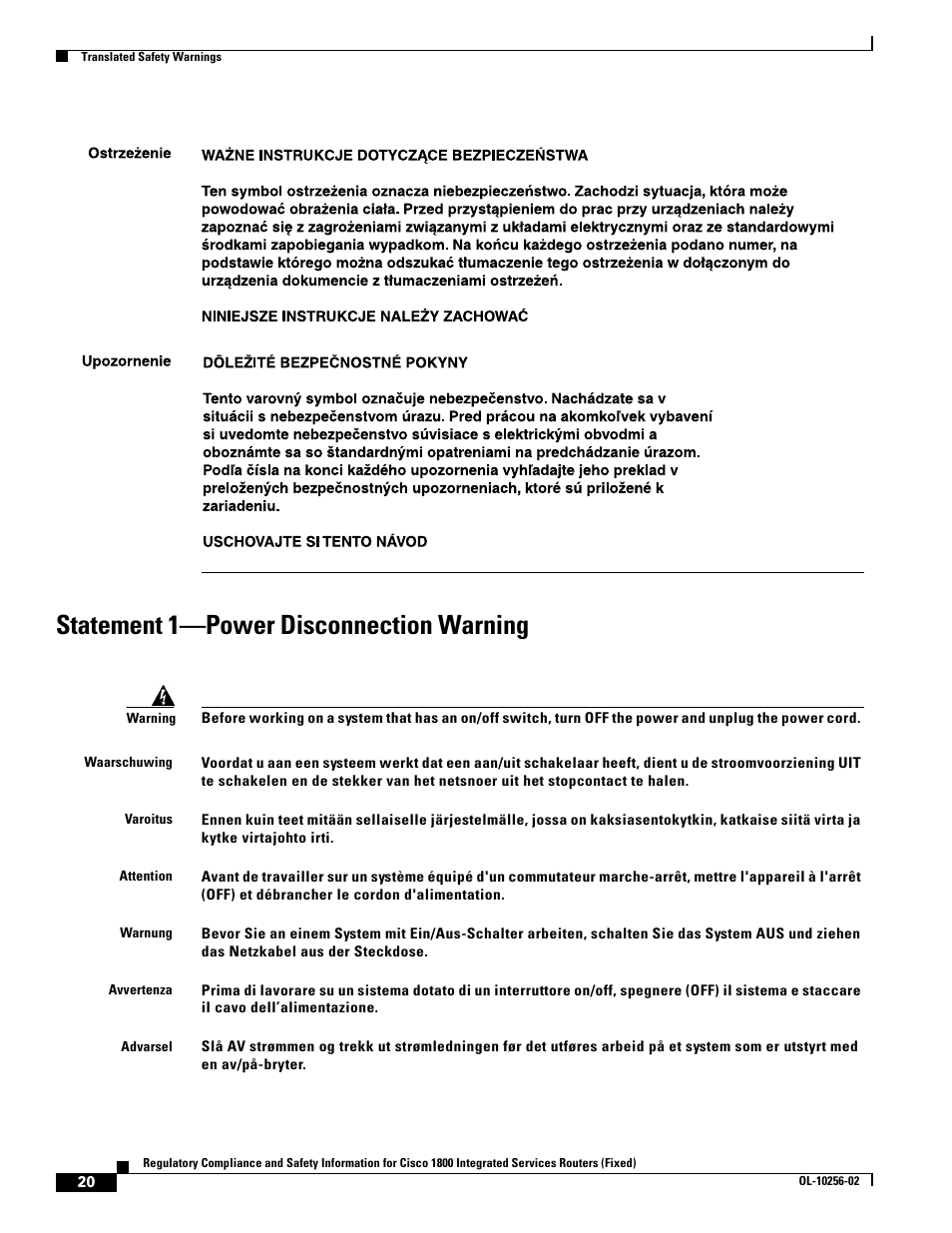 Statement 1-power disconnection warning, Statement 1—power disconnection warning | Cisco 1800 User Manual | Page 20 / 74