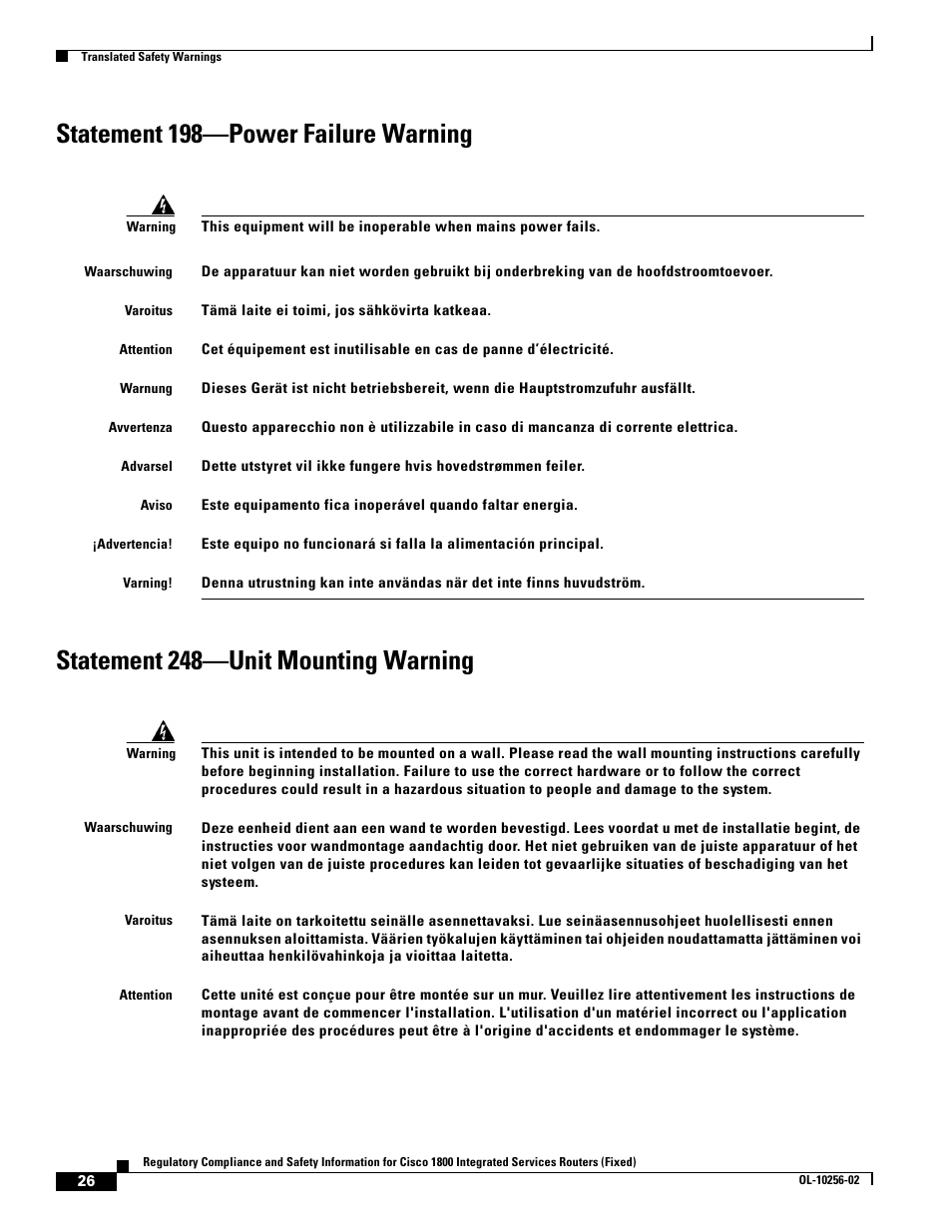 Statement 198-power failure warning, Statement 248-unit mounting warning | Cisco 1800 User Manual | Page 26 / 74