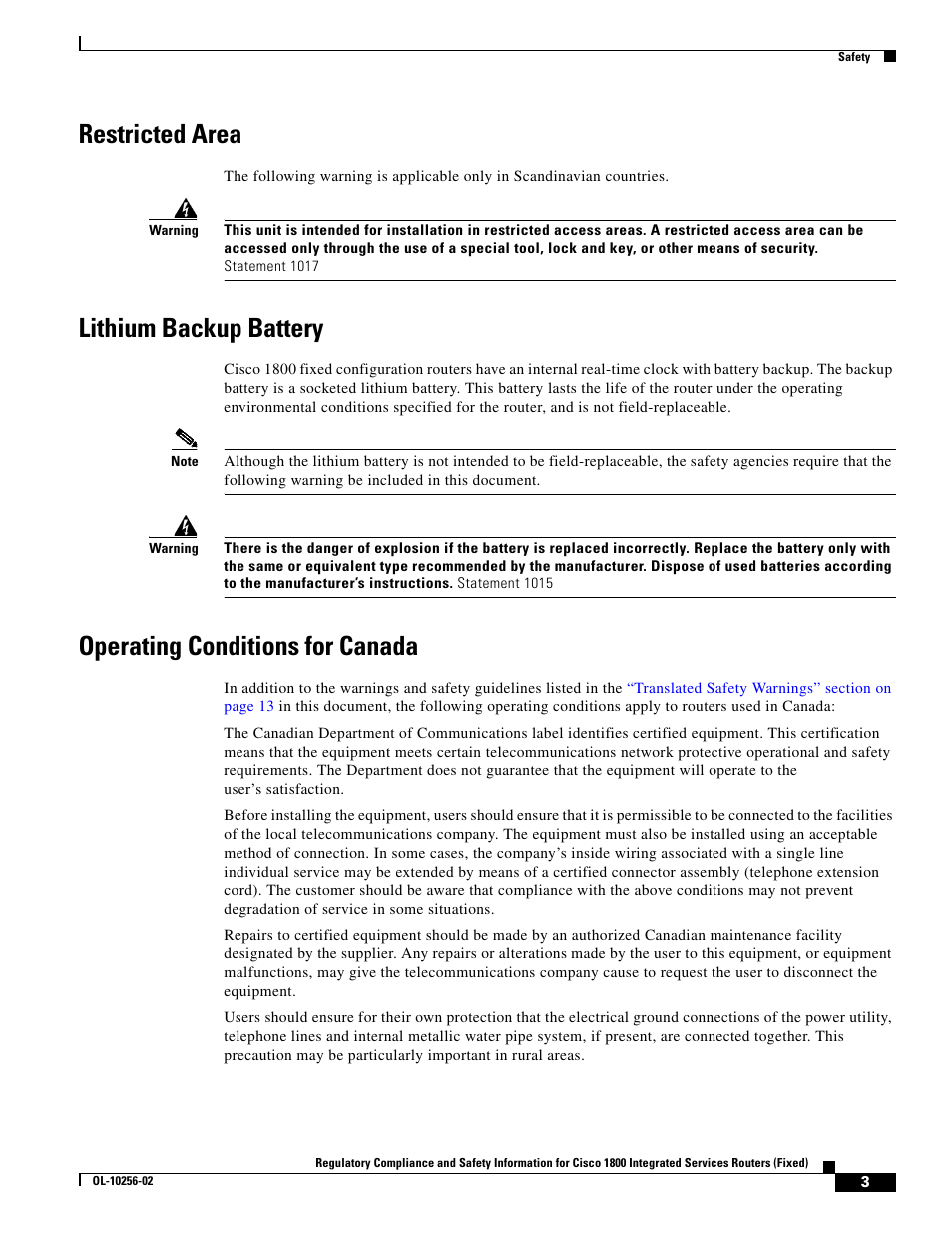 Restricted area, Lithium backup battery, Operating conditions for canada | Cisco 1800 User Manual | Page 3 / 74