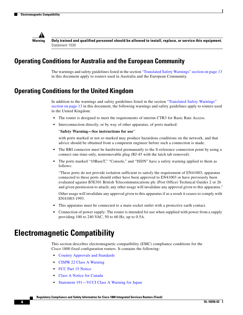 Operating conditions for the united kingdom, Electromagnetic compatibility | Cisco 1800 User Manual | Page 4 / 74