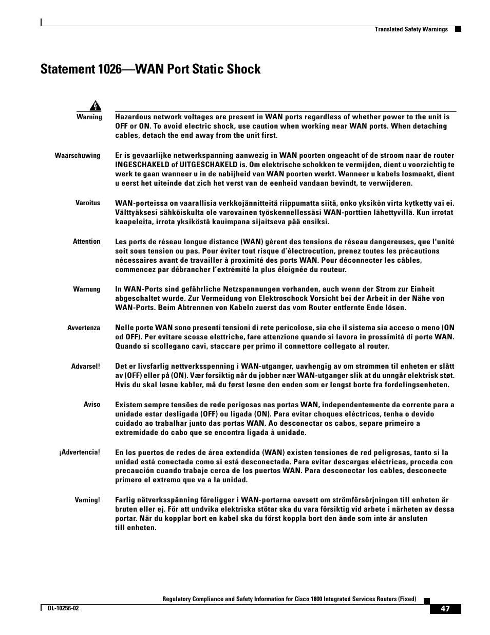 Statement 1026-wan port static shock, Statement 1026—wan port static shock | Cisco 1800 User Manual | Page 47 / 74