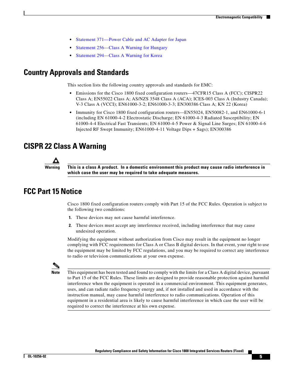 Country approvals and standards, Cispr 22 class a warning, Fcc part 15 notice | Cisco 1800 User Manual | Page 5 / 74