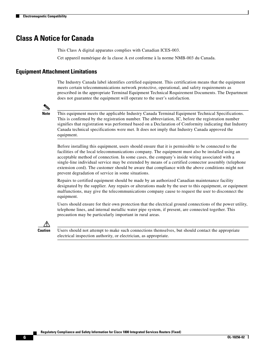 Class a notice for canada, Equipment attachment limitations | Cisco 1800 User Manual | Page 6 / 74